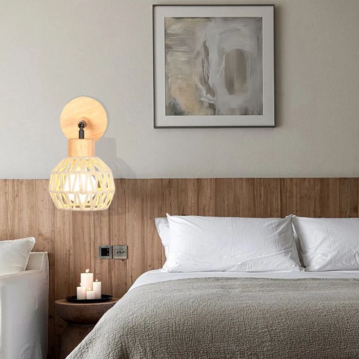 SNOGOLD Applique Mural Interieur Vintage Lampe Mural en Rotin et Bois E27 Luminaire Plafonnier Ajustable pour Salon Couloir, Blanc