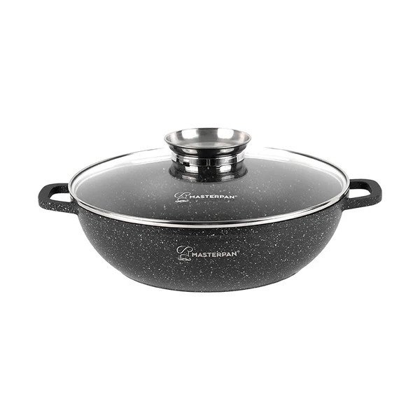 Wok Aluminiowy 28 cm z Powłoką Marmurową i Szklaną Pokrywą 3,3 l Masterpan
