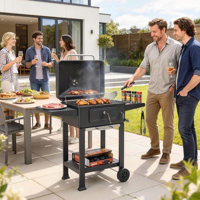 Outsunny Houtskoolbarbecue - met deksel, houtskoolbak en verstelbare ventilatieopeningen, 600°C thermometer - metaal - 112 cm - zwart