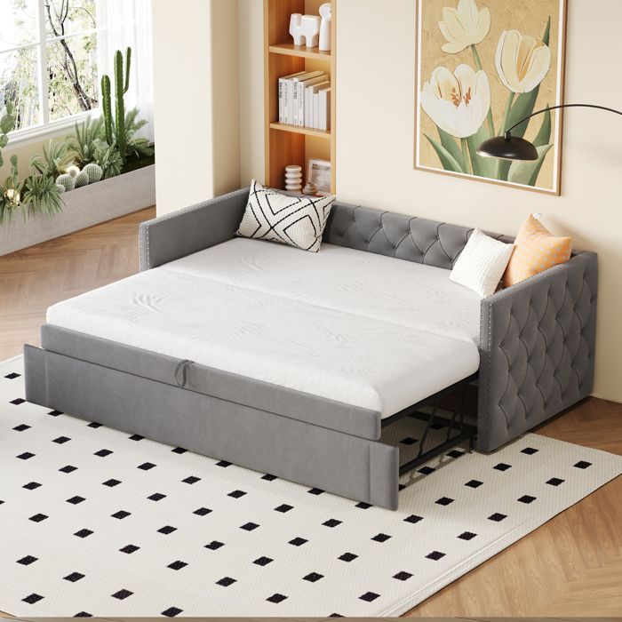 Lit banquette convertible en velours gris avec capitonnage, sommier à lattes