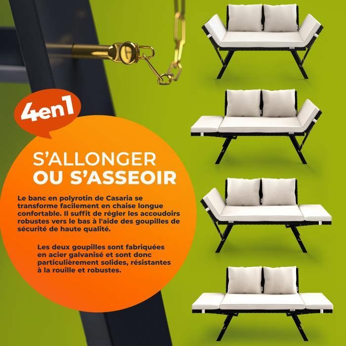 Tuinbank van polyrotan met chaise longue-functie en verstelbare armleuningen, geschikt voor gebruik buitenshuis in de tuin, op het terras, balkon en als loungebank.