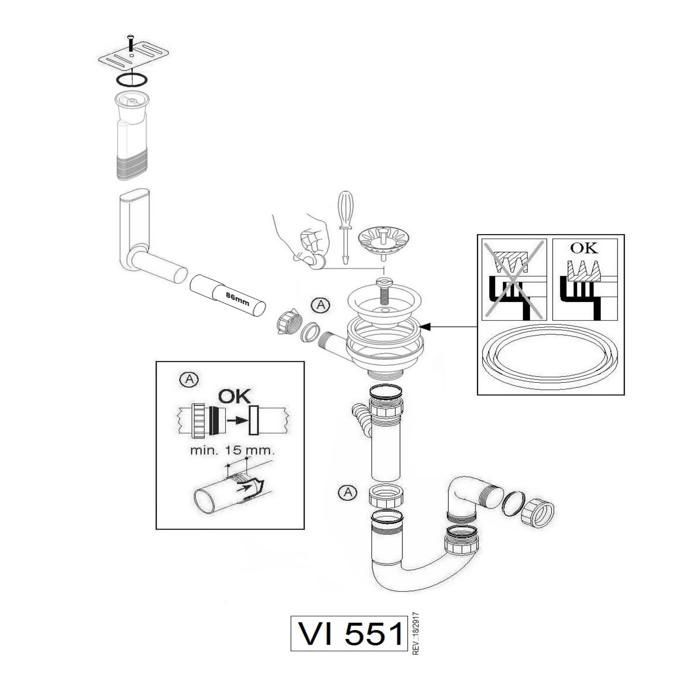 Vidage manuel 1 bac CUIPD673-D évier résine et granit - Siphon gain de place