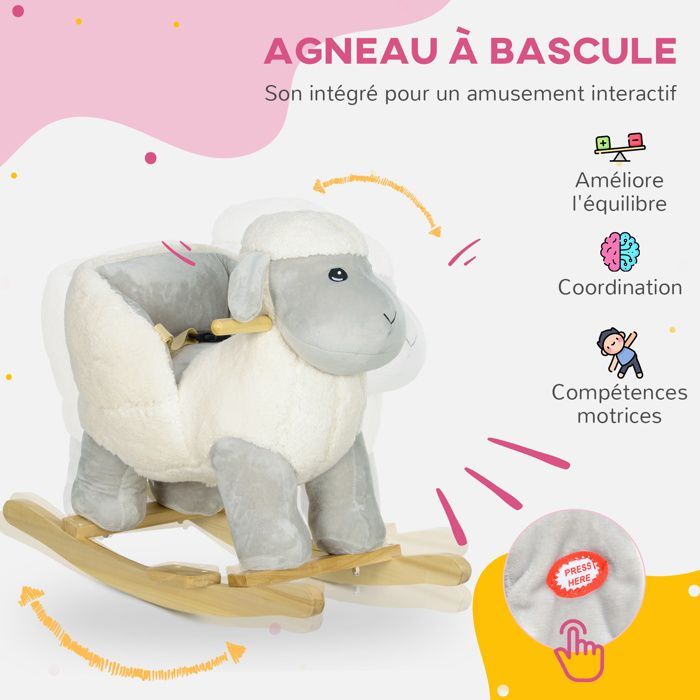 Cheval à bascule pour enfant, jouet à bascule en peluche, en forme d'agneau, à effets sonores, 68L x 35l x 55H cm gris
