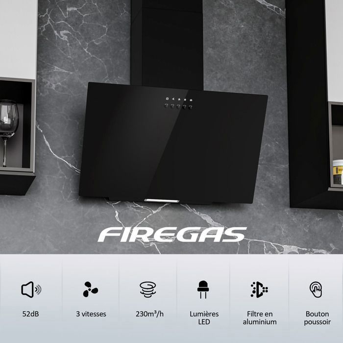 FIREGAS 60cm Extractor Hood - Recirculating Mode with Carbon Filter - Multi-Filtration - 3 Speeds - Black [Energy Class A]