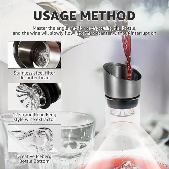 Decantador de vino tinto de cristal con cascada - Decantador de 1,5 L con aireador y filtro incorporados - Regalo ideal