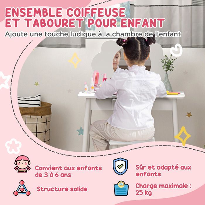 Ensemble coiffeuse pour enfant - AIYAPLAY - 1 tabouret, coiffeuse 2 pièces pour enfants de 3 à 6 ans, miroir forme de nuage -  blanc