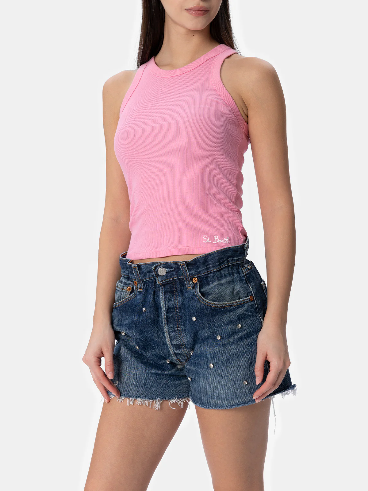 Roze geribbelde katoenen tanktop voor dames