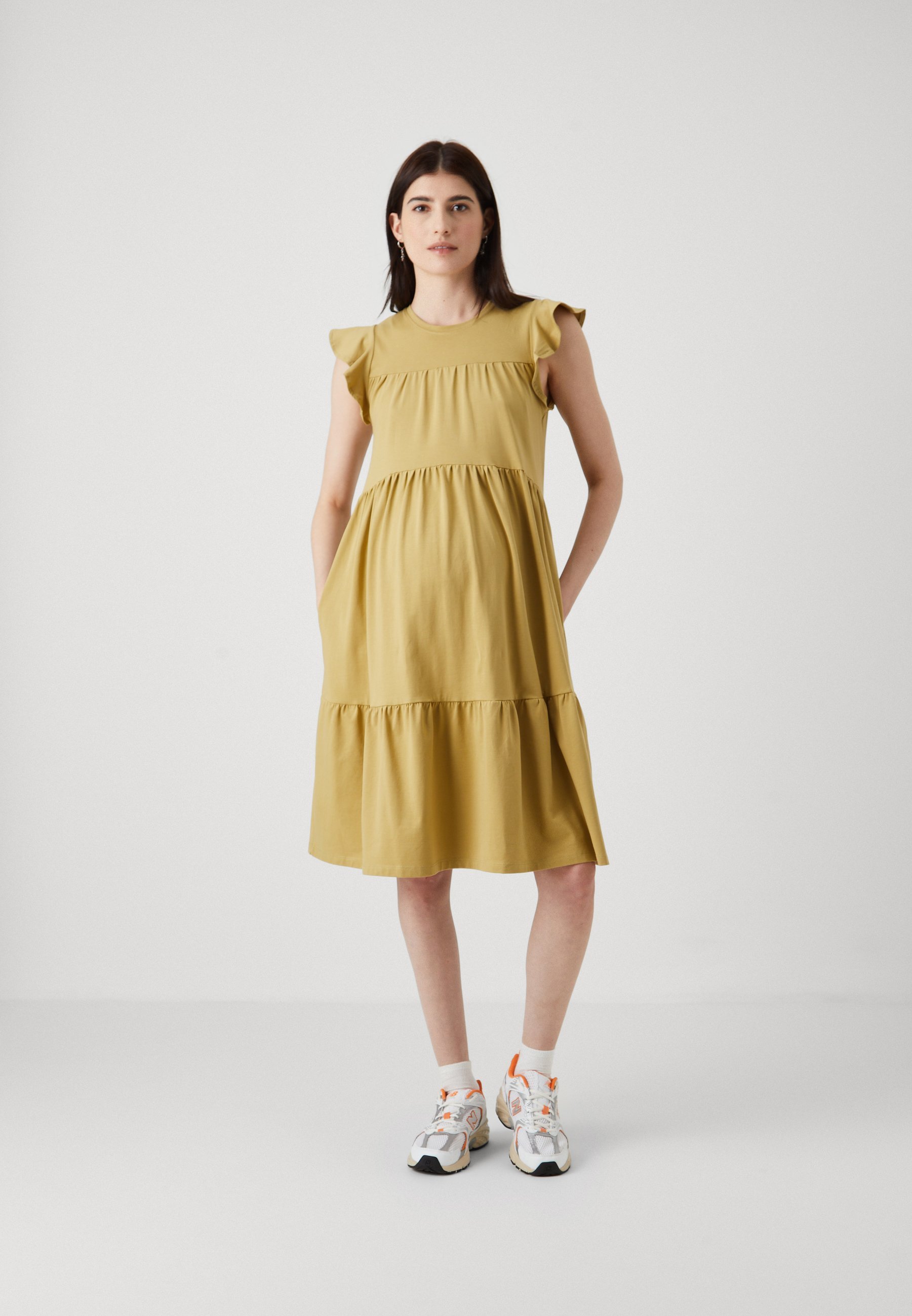 ABITO DA MATERNIA ONLY MATERNITY OLMEVELYN LIFE CON MANICHE A CAPPELLO E VOLANT - Abito in jersey - kaki