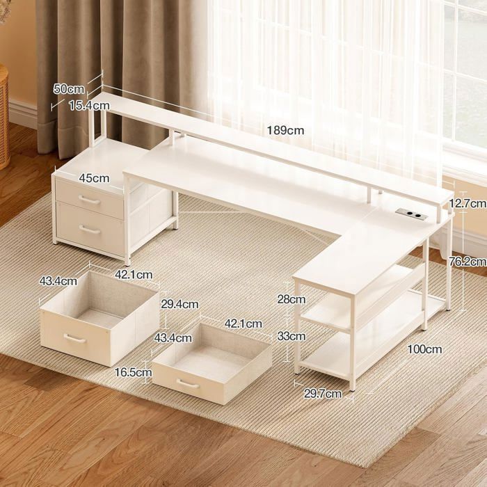 Coleshome L-Shaped Desk with Storage, 189.3x100cm, Reversible Corner Desk, USB/Power Outlet for Home, White