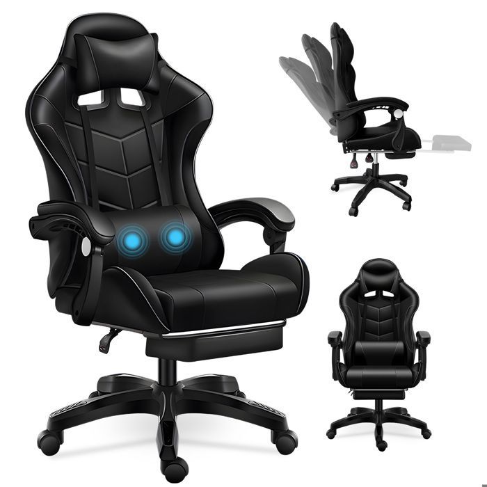 Chaise Gaming Massante, Fauteuil Gamer avec Soutien Lombaire Massage, Appui-tête, Hauteur Réglable, Dossier Inclinable à 135° -