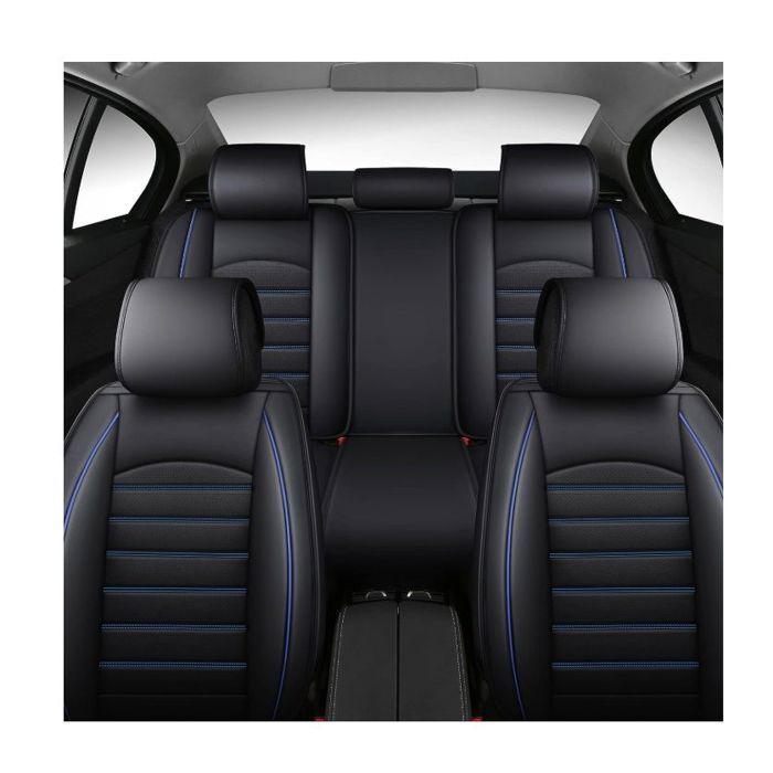 Housses de Siège en Similicuir Noir Bord Bleu Qualité de Luxe Respirant Rembourrées Ensemble Complet 9 pcs Universel pour Voiture
