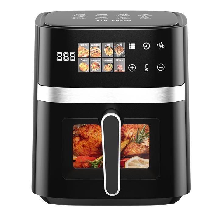 Freidora de aire sin aceite de 6 litros, 1350 W, 8 funciones con ventana transparente y pantalla táctil LED.