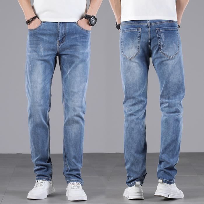 Pantalones vaqueros casuales elásticos de pierna recta para hombre, 5 bolsillos, efecto desteñido y lavado.