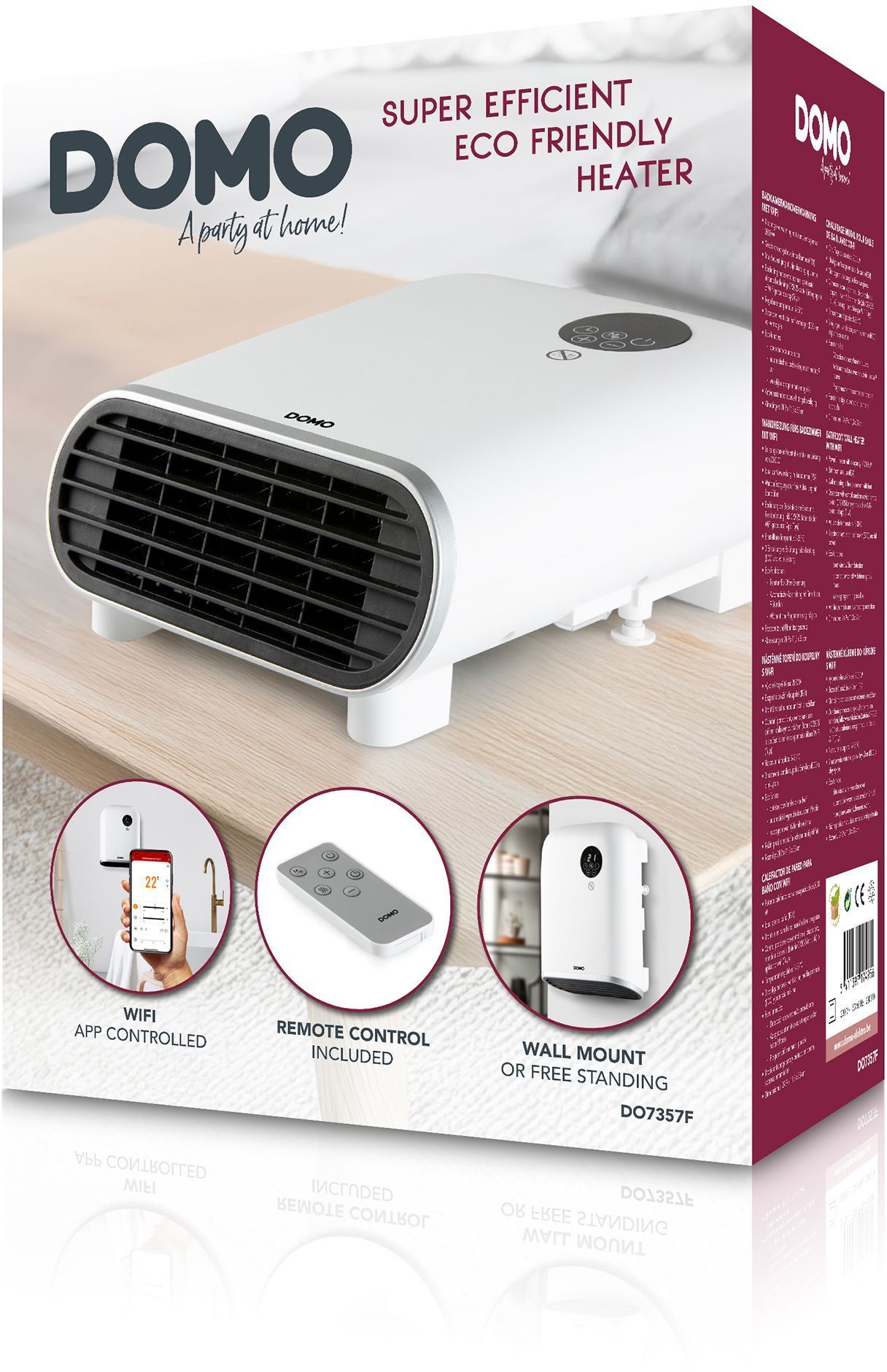 Chauffage pour salle de bain - 2000 W - Domo - DO7357F - Wifi + télécommande - Fonction éco - Ecran led - Mural / pose libre - Blanc
