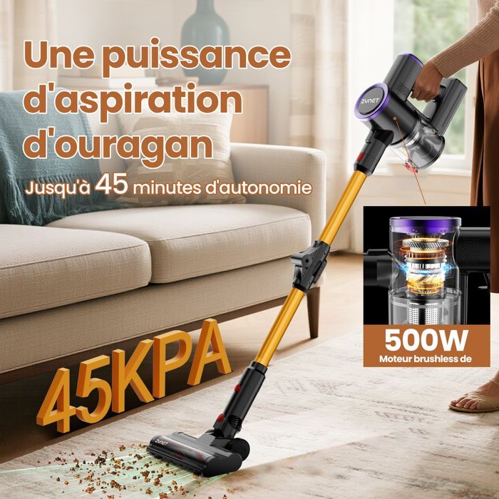 Zynet S9 Aspirateur Balai sans Fil, 45kPa/500W/45min, Pliable, Station de Charge Murale, LED Verte, Poils d'animaux/Tapis/Sols Durs