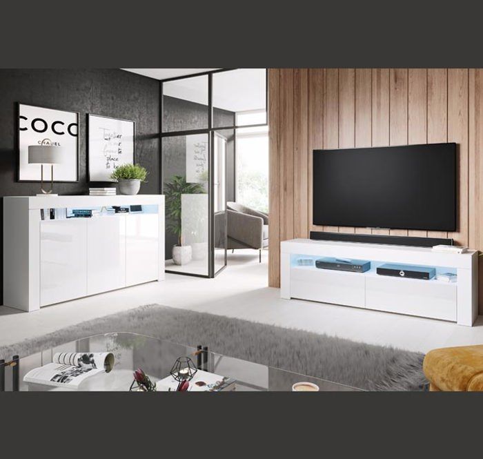Aparador con LED - Blanco - AKER - 155 x 91,5 x 37 cm