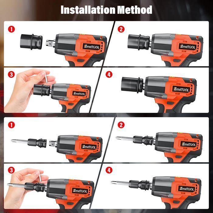 Llave de impacto inalámbrica EmdTOOL de 21 V sin escobillas con batería de iones de litio de 6,0 Ah, 4 vasos de impacto, 550 N·m