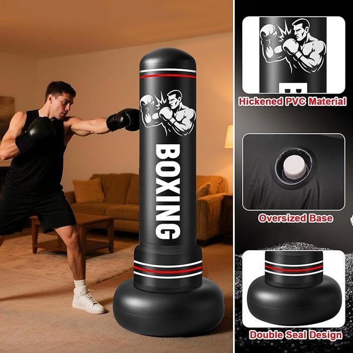 Sacco da boxe gonfiabile autoportante per adulti, completo di guantoni e pompa ad aria, 190 cm, ideale per l'allenamento.
