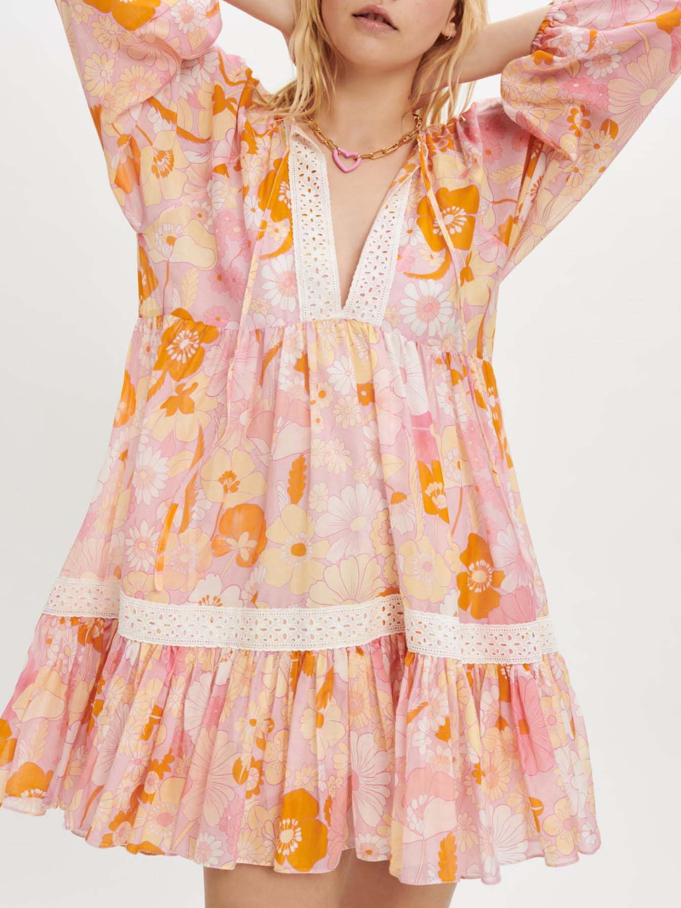 Rochie transparentă din bumbac și mătase imprimată - Flower power rose