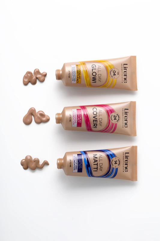 Lirene ALL DAY GLOW! Base líquida iluminadora para resultados de longa duração.