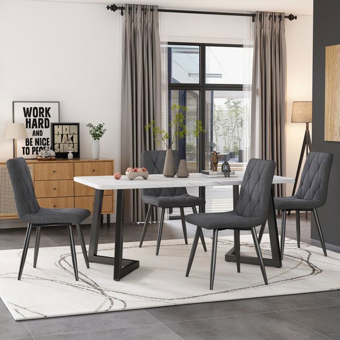 Juego de mesa de comedor de 117 × 68 cm con 4 sillas - Juego moderno de mesa y sillas para cocina/sala de estar - Sillas de lino gris
