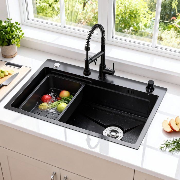 Évier Cuisine Acier inoxydable - CREMLANK - Silencieux - NOIR - 75X45X20CM - Acier inoxydable - Accessoires multiples