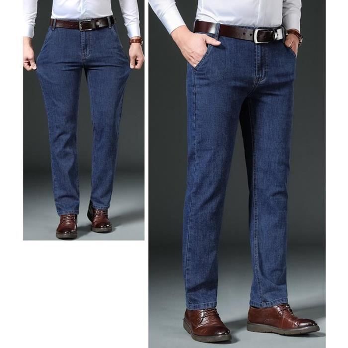 Jeans da uomo elasticizzati a gamba dritta, autunno/inverno, vita alta, 5 tasche, effetto slavato - blu