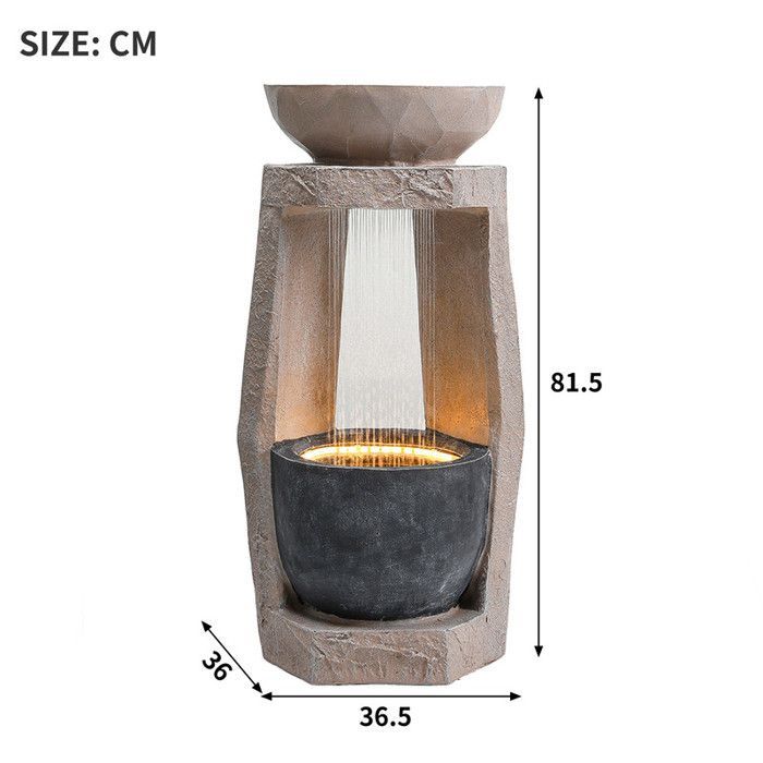 Fuente de jardín con iluminación LED - Aspecto de piedra natural - Bomba de agua integrada - Iluminación LED - 36,5 x 36 x 81,5 cm