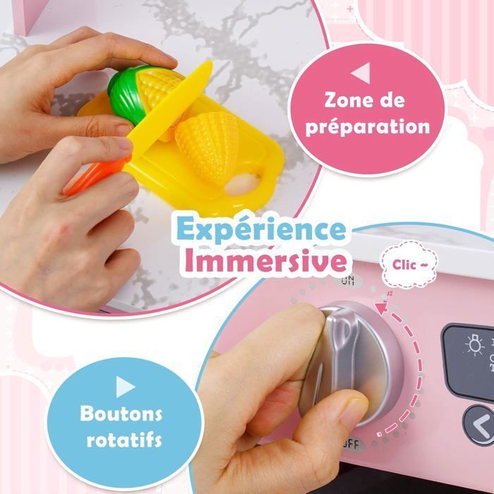 Cocina infantil COSTWAY de madera para mayores de 3 años - 17 accesorios, luces y sonidos, pizarra, regalo ideal, color rosa.