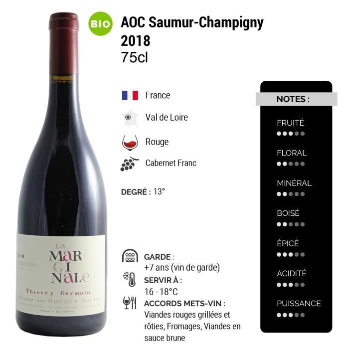 Saumur-Champigny La Marginale Rouge 2018 - Bio - Lot de 3x75cl - Domaine des Roches Neuves - Vin AOC Rouge du Val de Loire - Cépage