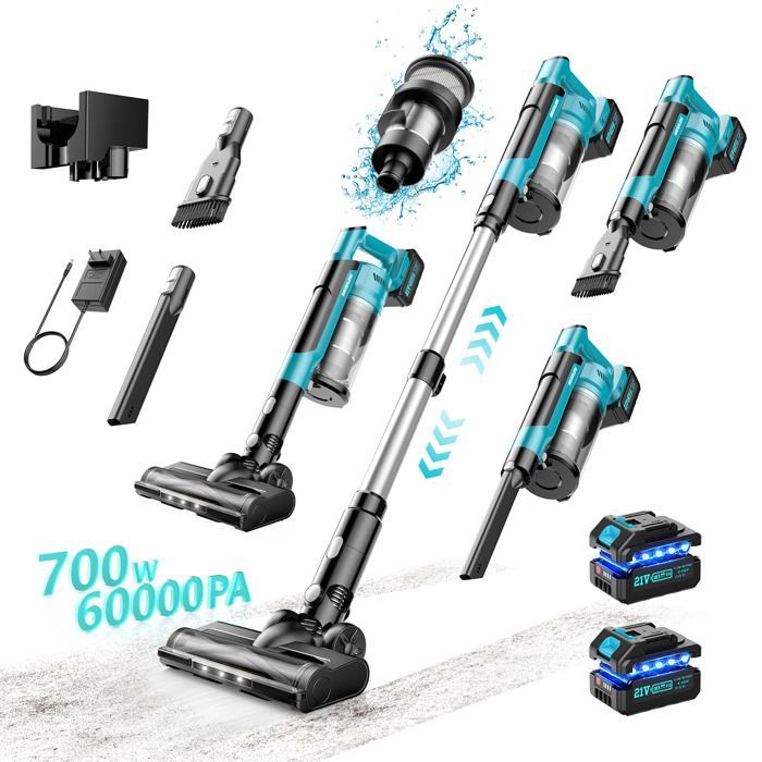 Aspirateur balai sans fil 700W 60KPa • 2×21V 4000mAh 70–72min • Bac 0,8L • LEDs • Sols durs, tapis, poils