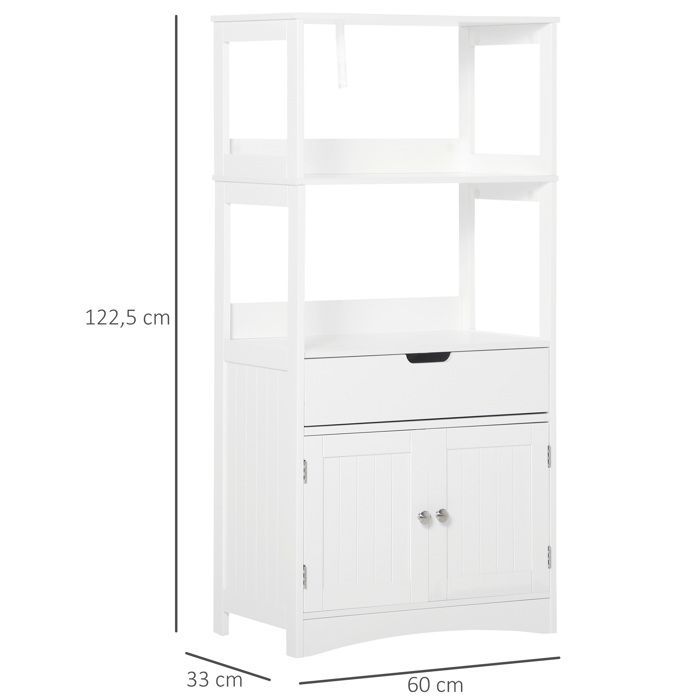 Bathroom storage unit - Kleankin - 2 doors, drawer, 3 shelves - MDF - 60x33x122cm - white