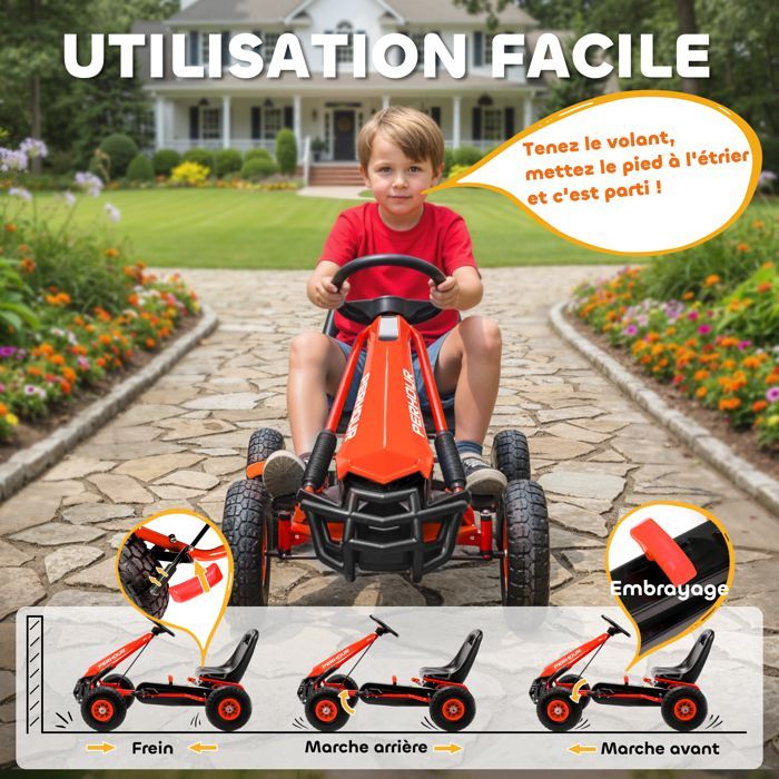 Kart à pédales - Go-Kart pour enfants - AIYAPLAY - siège réglable, pneus EVA, embrayage manuel et frein - 110 x 61 x 62 cm - rouge