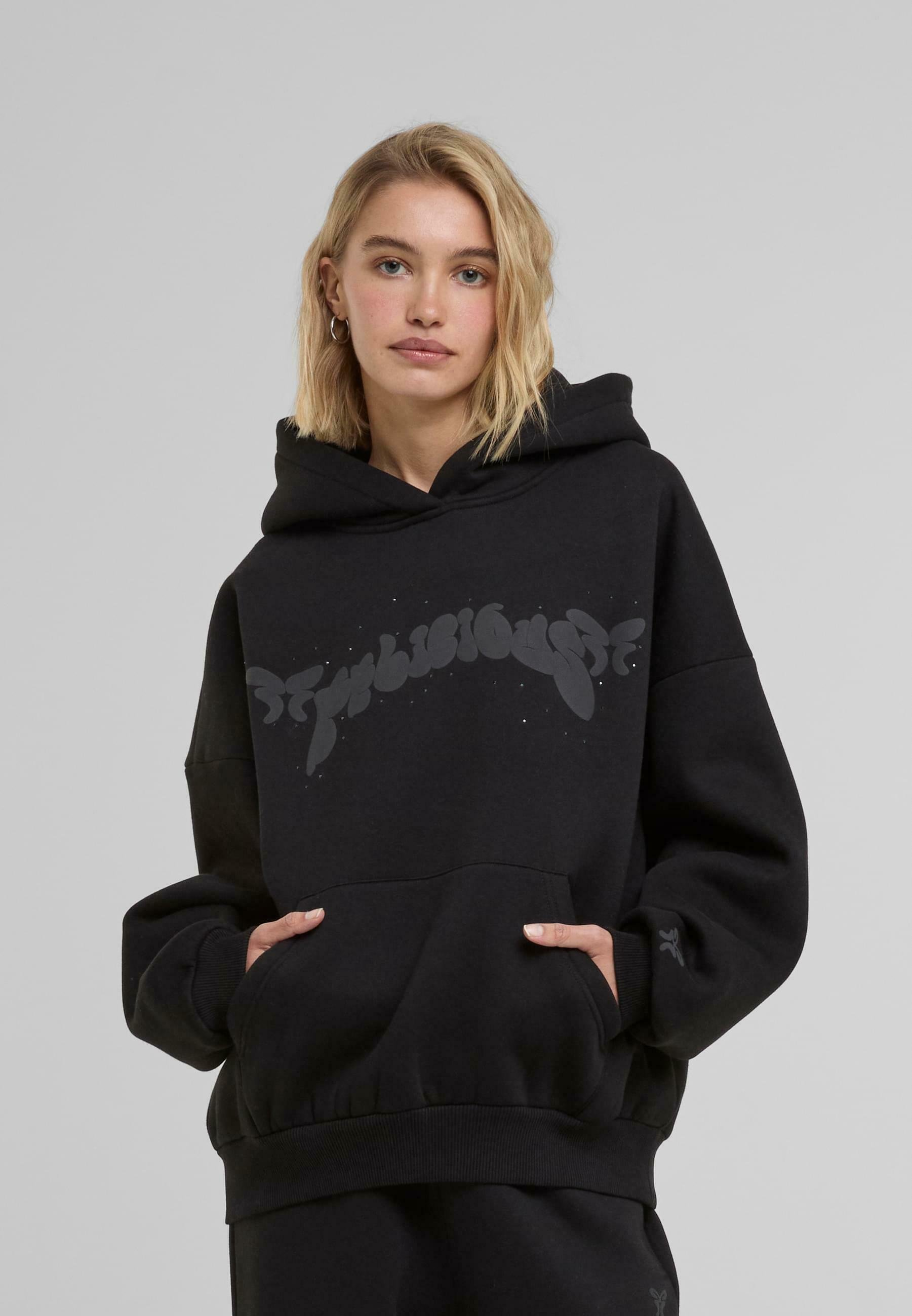 FELICIOUS RHINESTONS PUFF - Pulover s kapuco - črn