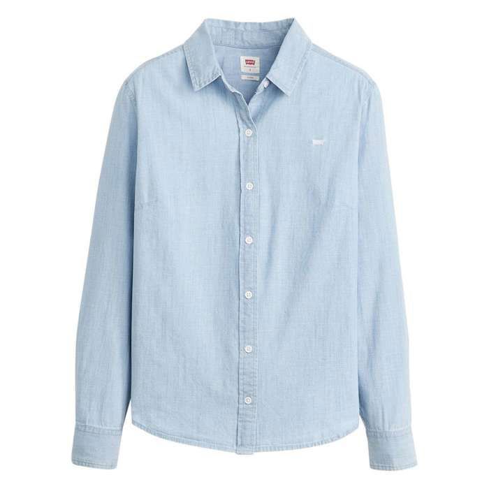 Blusa lisa de mezclilla de algodón azul cielo con corte recto y logo bordado.