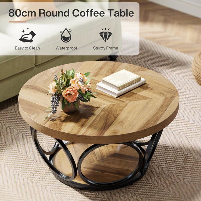 Tribesigns Table Basse Ronde, 80 x 80 x 43 cm Table de Salon, Table de canapé, Table Basse à 2 étages, Grain de Bois