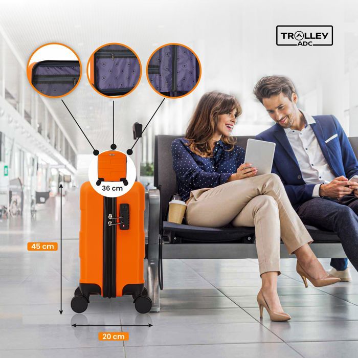 Valigia da cabina EasyJet 45x36x20 cm – ABS rigido e leggero – 4 ruote doppie girevoli – Blu – Carrello ADC – Etichetta per bagaglio inclusa