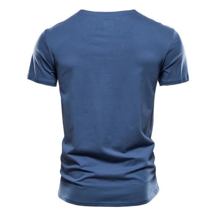 T-shirt da uomo a maniche corte con taschino, in cotone con scollo a V, tinta unita, tessuto confortevole - Giallo