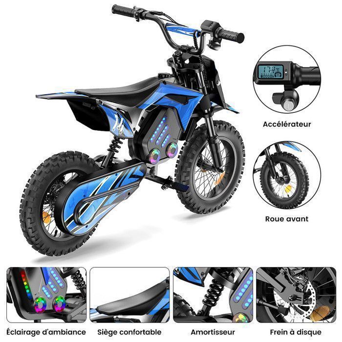 Moto électrique pour enfants A14 Bleu, 500W, 3 Vitesses 8-27KM/H, Pneus 14’’ tout-terrain, Autonomie 22 km, Bluetooth, Amortisseurs