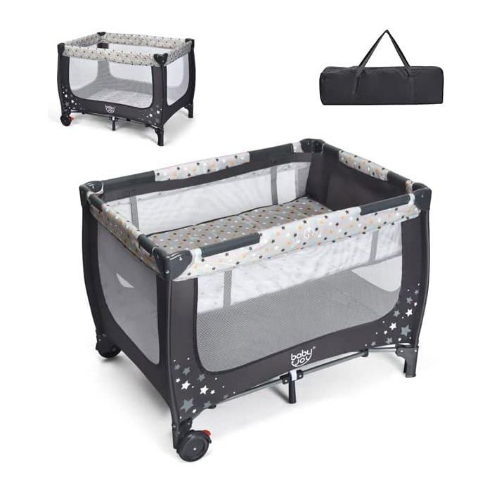Lit Bébé 3 en 1 De la naissance à 3 Ans COSTWAY avec Matelas,Sac de Transport-Pliage Facile-2 Roulettes 15KG 125 x 65 x 76CM-Gris