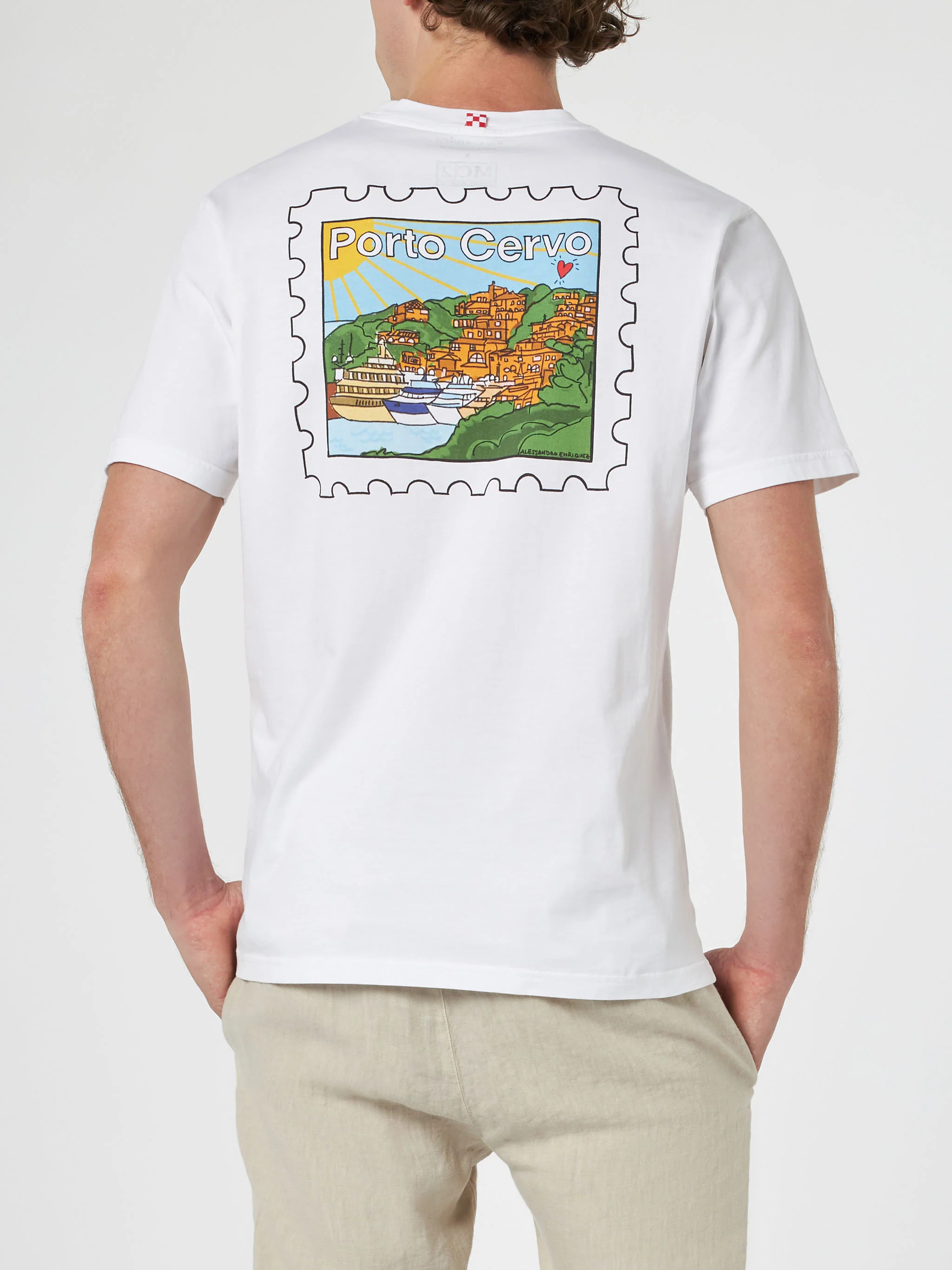 T-shirt da uomo in cotone con stampa fronte e retro cartolina di Porto