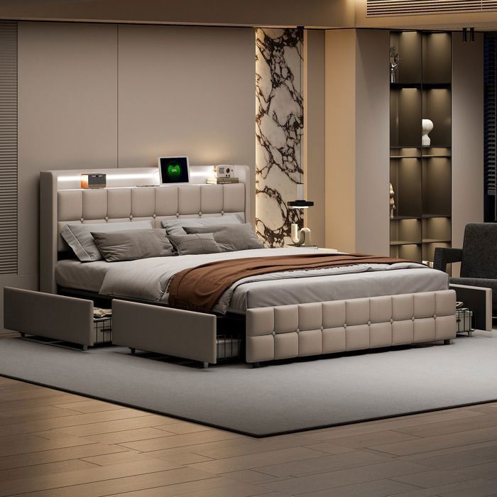 Cama doble tapizada de 180x200cm, cama adulta con iluminación LED, cajones y cargador USB, cama con espacio de almacenamiento, con somier de láminas, color beige.