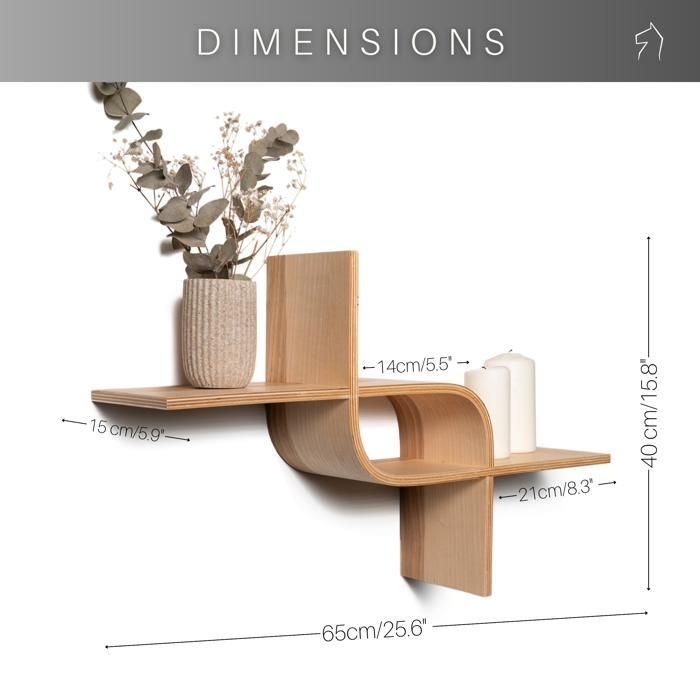 Floating wall shelf in walnut wood – Curved design – 65cm – Decorative wall storage