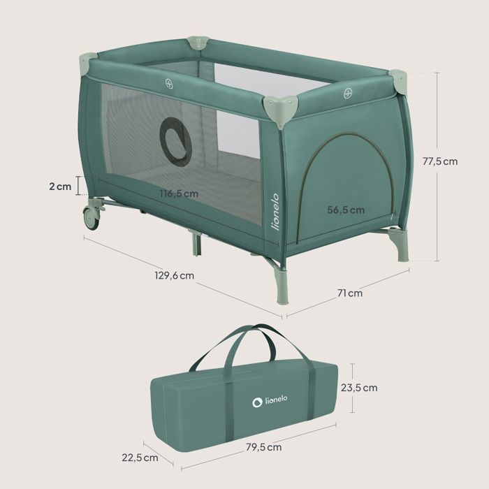 Cuna de viaje compacta 2 en 1 LIONELO Stefi Plus - Parque infantil - Colchón de espuma T25 - 0-36 meses - Plegado rápido - 2 ruedas - Verde