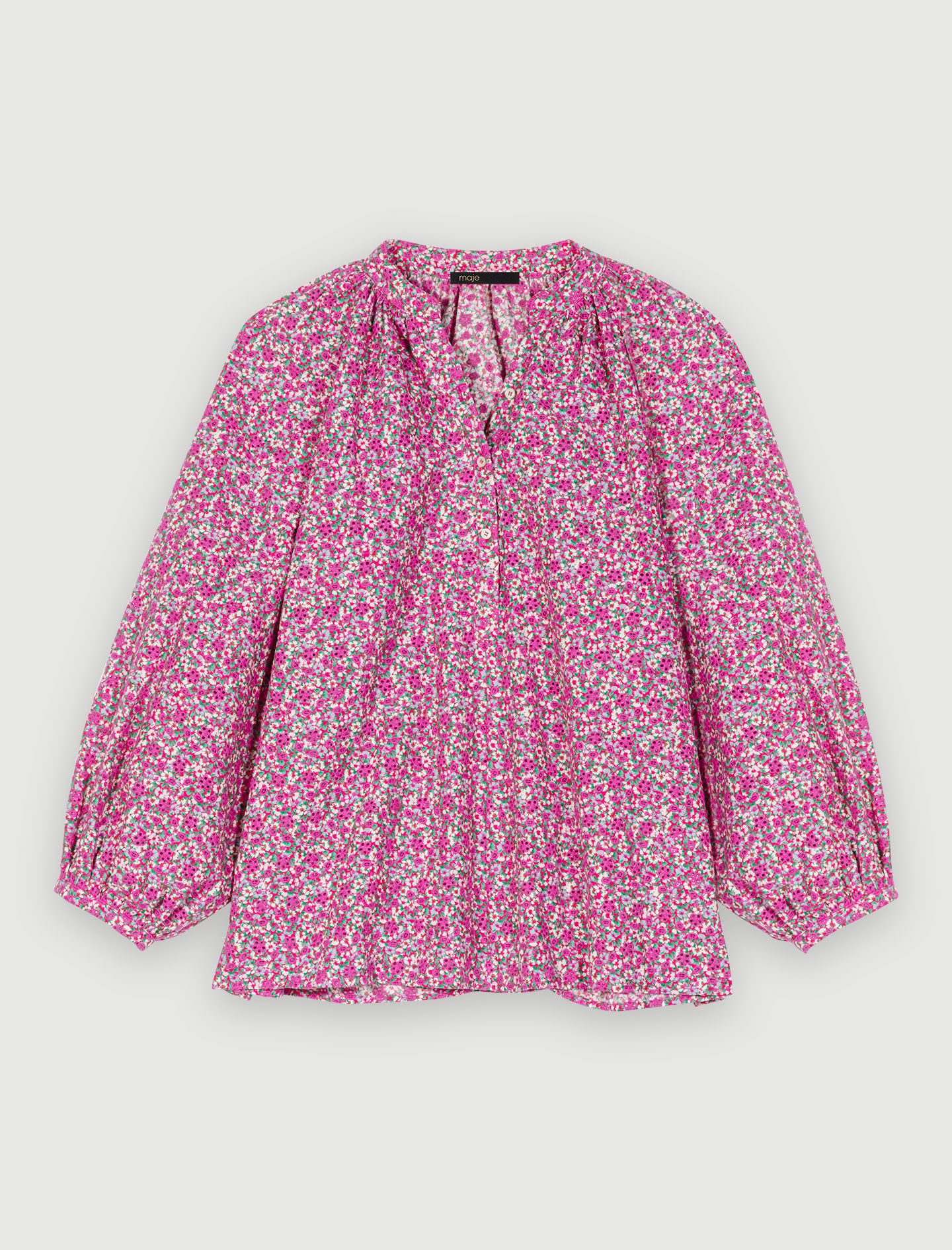 Bluză cu imprimeu floral - Flori brodate fuchsia