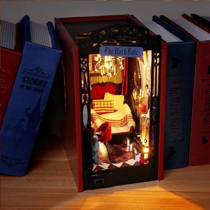Book Nook, 3D Wooden Puzzle Bookend Kit with LED Light, DIY Dollhouse, Miniature Kit for