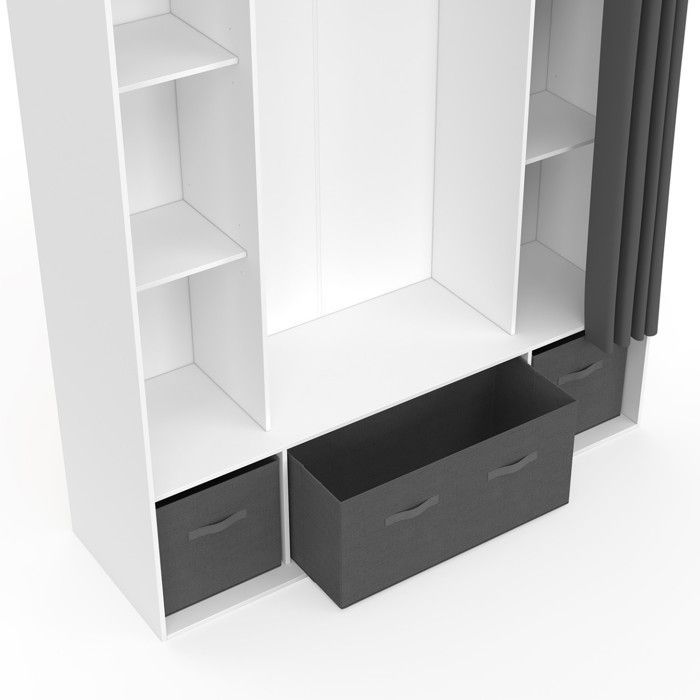 Guarda-roupa duplo IDMARKET DIANE, 140 x 45 x 167 cm, branco, com prateleiras, caixas de arrumação e cortina cinzenta.