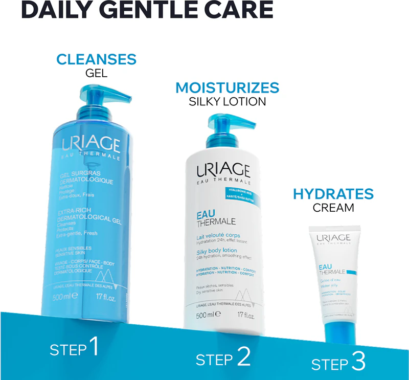 Uriage Hygiène Gel Dermatológico Extra-Rico, gel de limpeza para rosto e corpo.