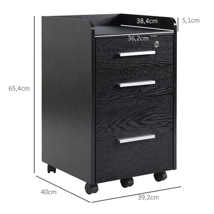 Caisson de bureau rangement HOMCOM bureau sur roulettes 3 tiroirs 1 verrouillable 1 trieur dossiers en bois noir