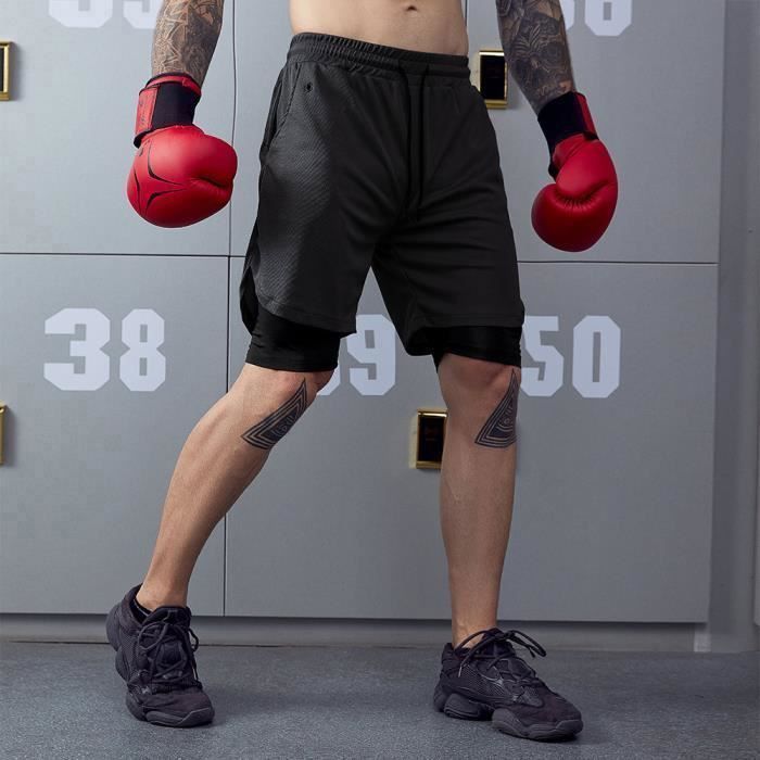 Compression Shorts pour Hommes, Sport 2 en 1 Short de Course Double Couche Séchage Rapide Fitness Pantalon Court avec Poche Noir